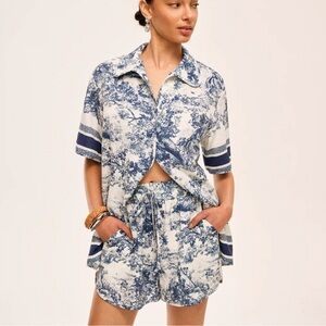 Blue and White Printed Shirt and Shorts Set